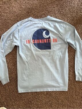 Carhartt Long Sleeve Tee in Pale Blue with Navy & Coral Logo